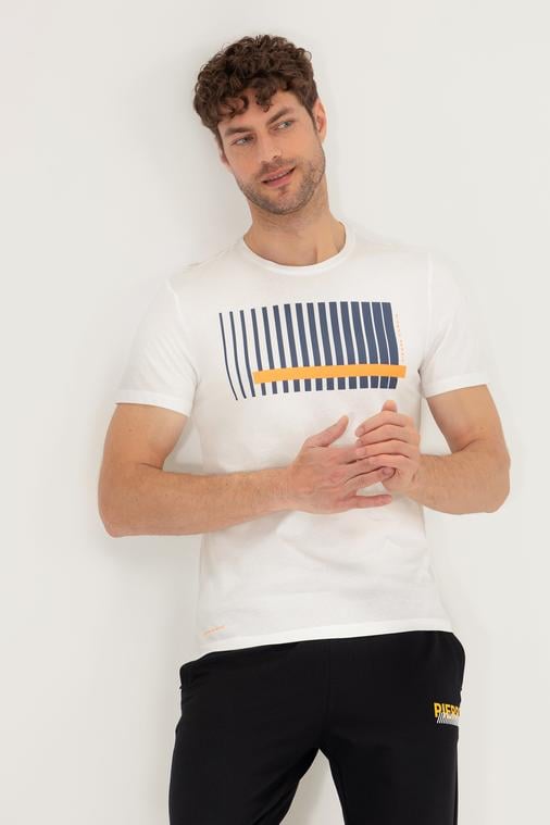 Turuncu Slim Fit Baskılı Bisiklet Yaka Tişört