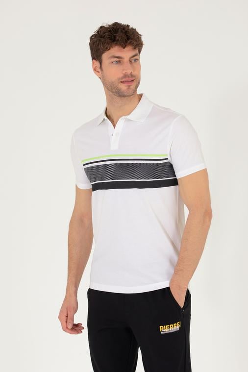 Beyaz Slim Fit Göğüs Baskılı Polo Yaka Tişört