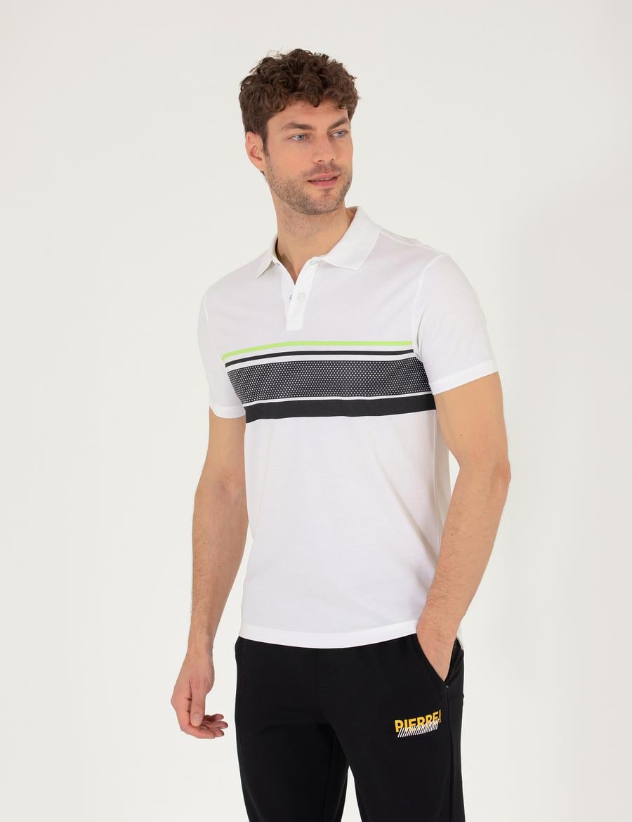 Beyaz Slim Fit Göğüs Baskılı Polo Yaka Tişört
