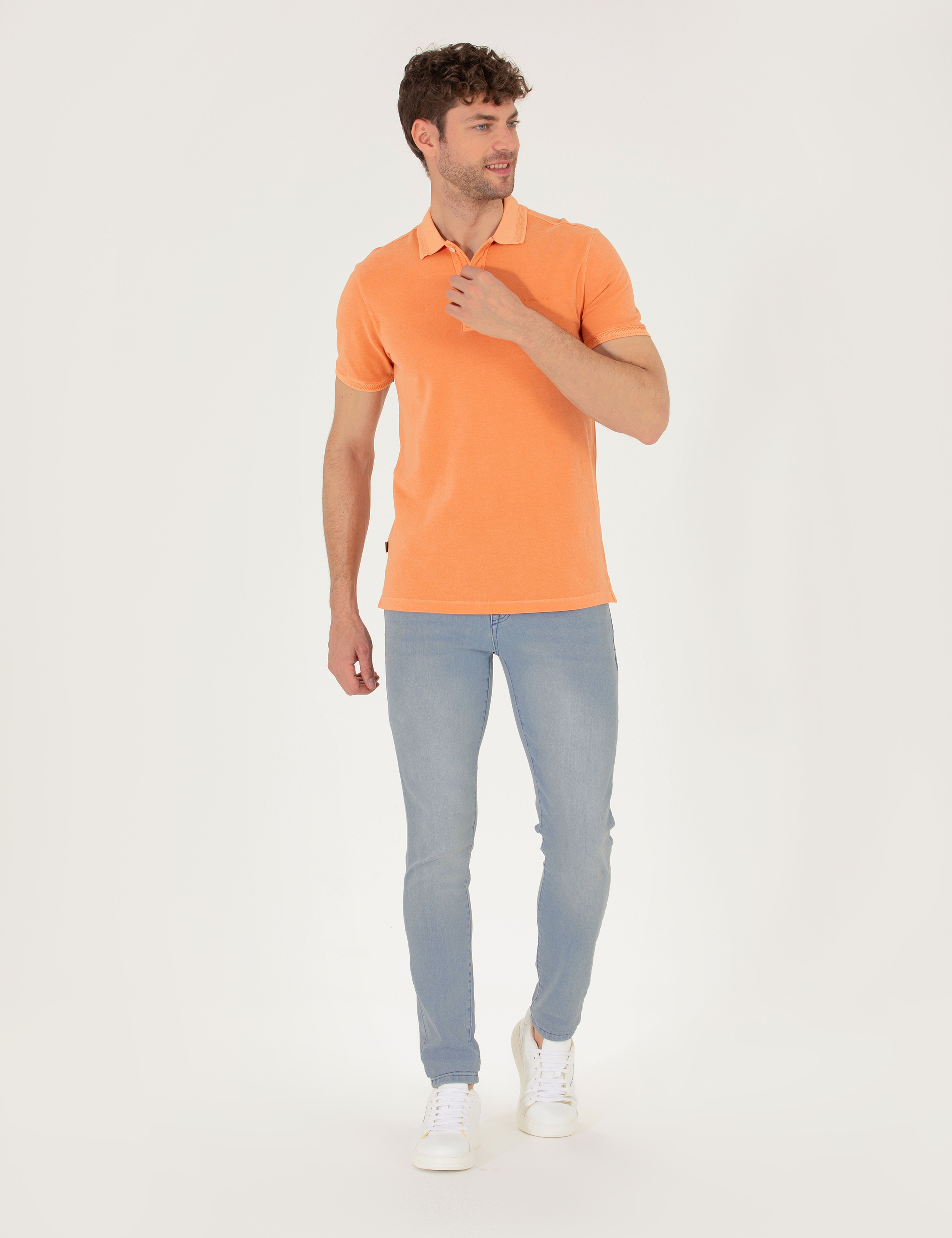 Turuncu Slim Fit %100 Pamuk Düğmeli Polo Yaka Tişört - Image 4