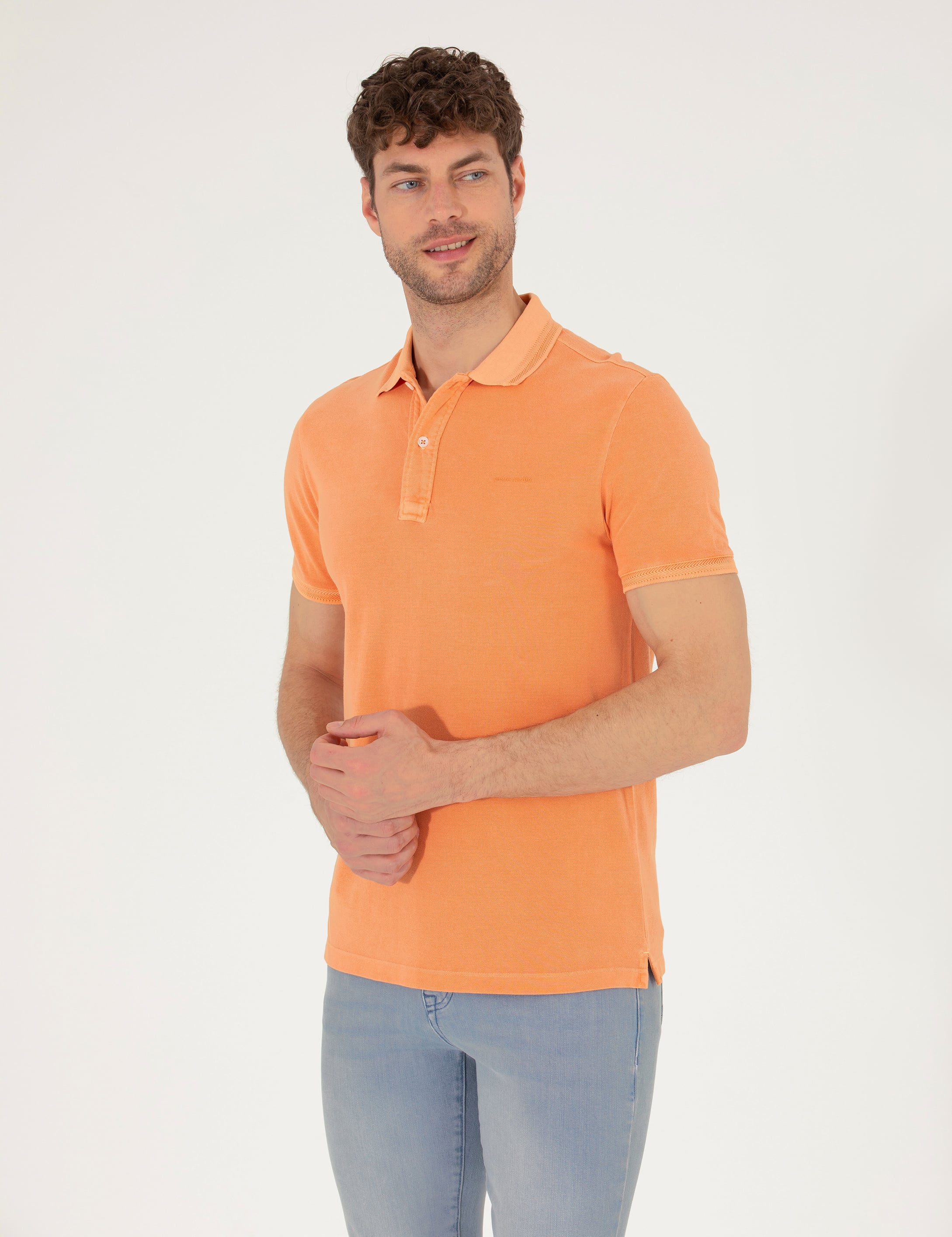 Turuncu Slim Fit %100 Pamuk Düğmeli Polo Yaka Tişört