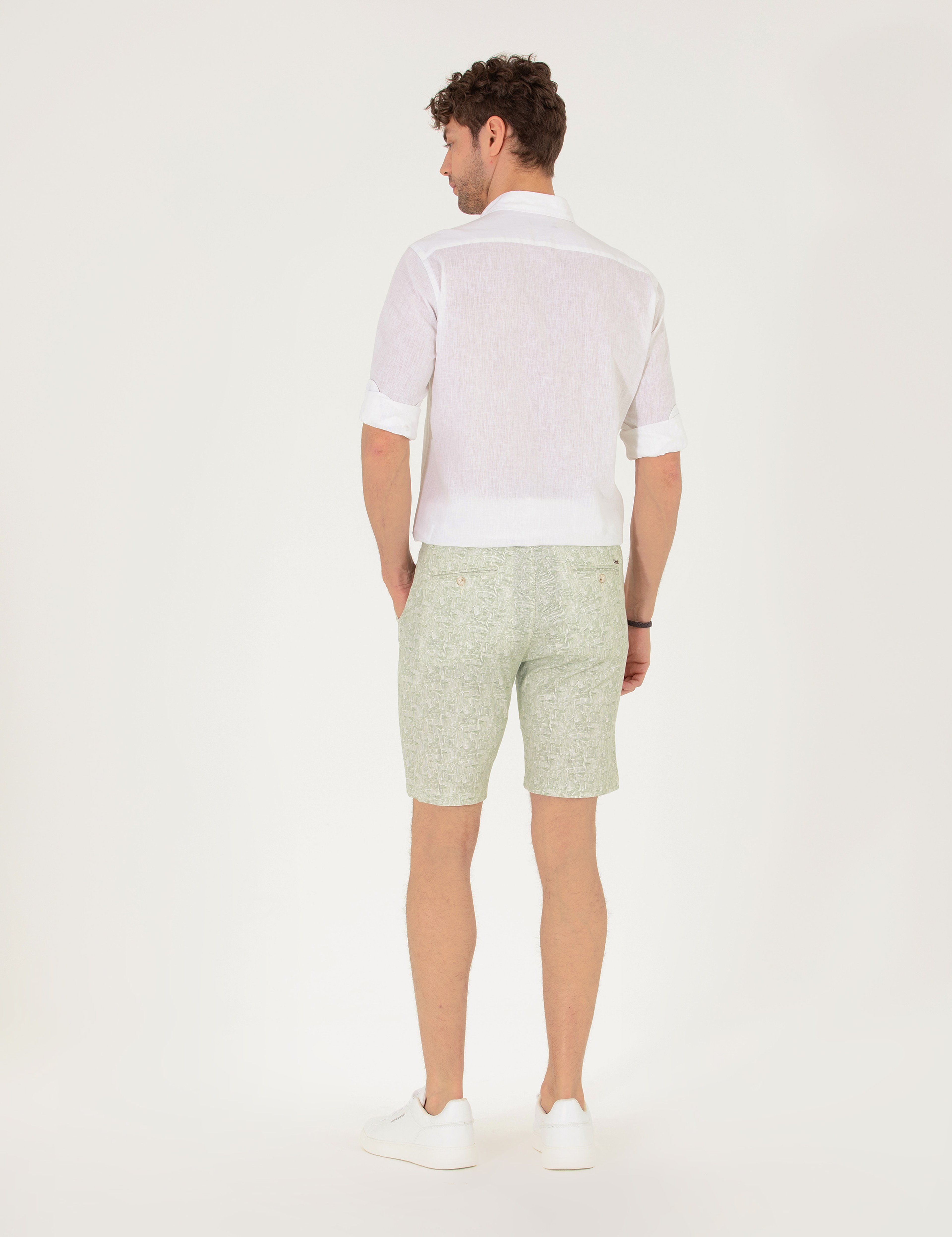Haki Slim Fit Beli Lastikli Desenli Bermuda Şort - Image 4