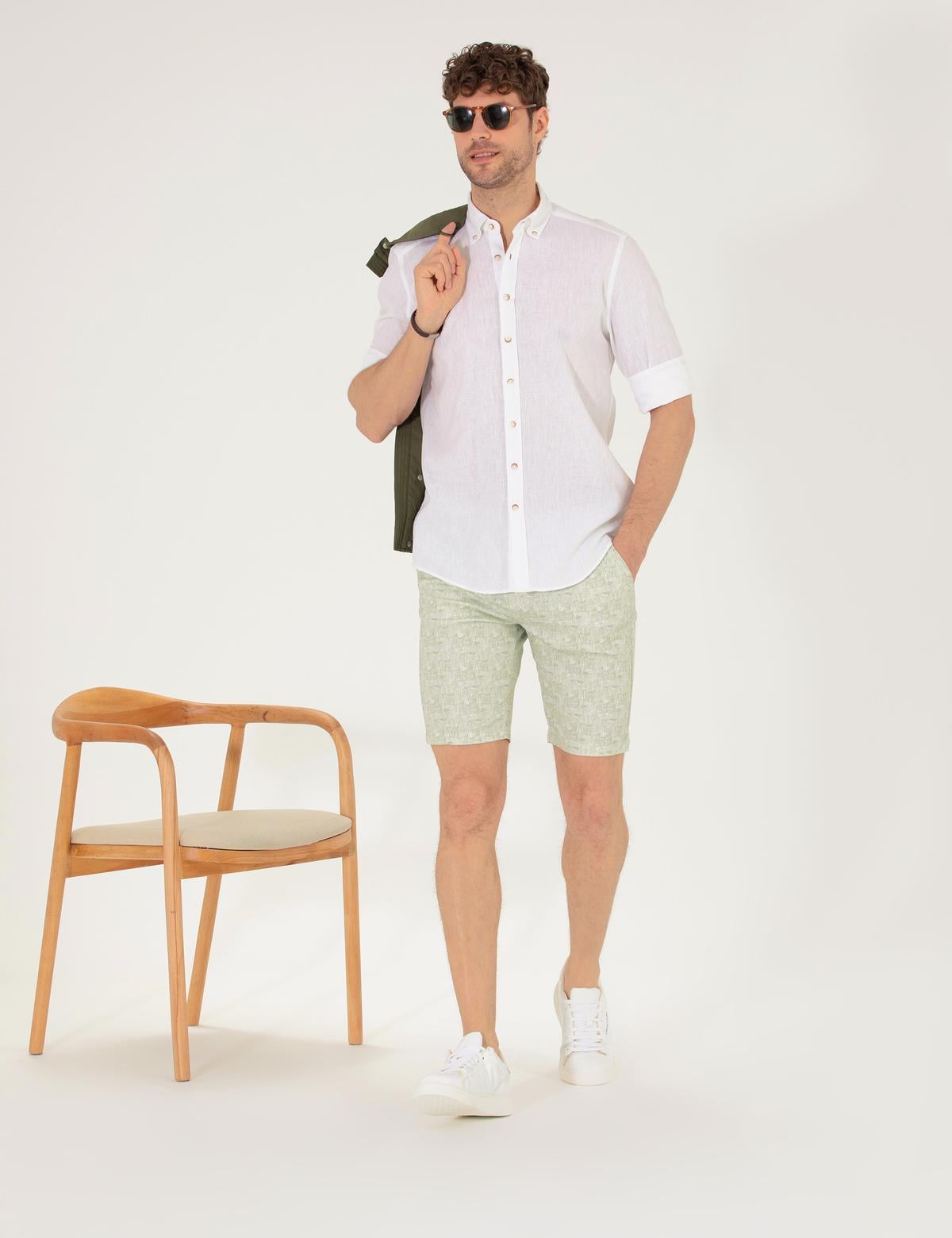 Haki Slim Fit Beli Lastikli Desenli Bermuda Şort