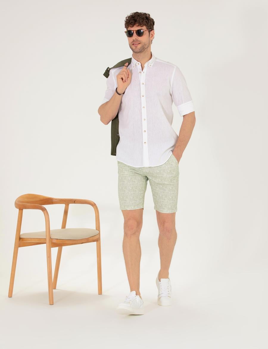 Haki Slim Fit Beli Lastikli Desenli Bermuda Şort