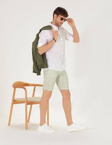 Haki Slim Fit Beli Lastikli Desenli Bermuda Şort