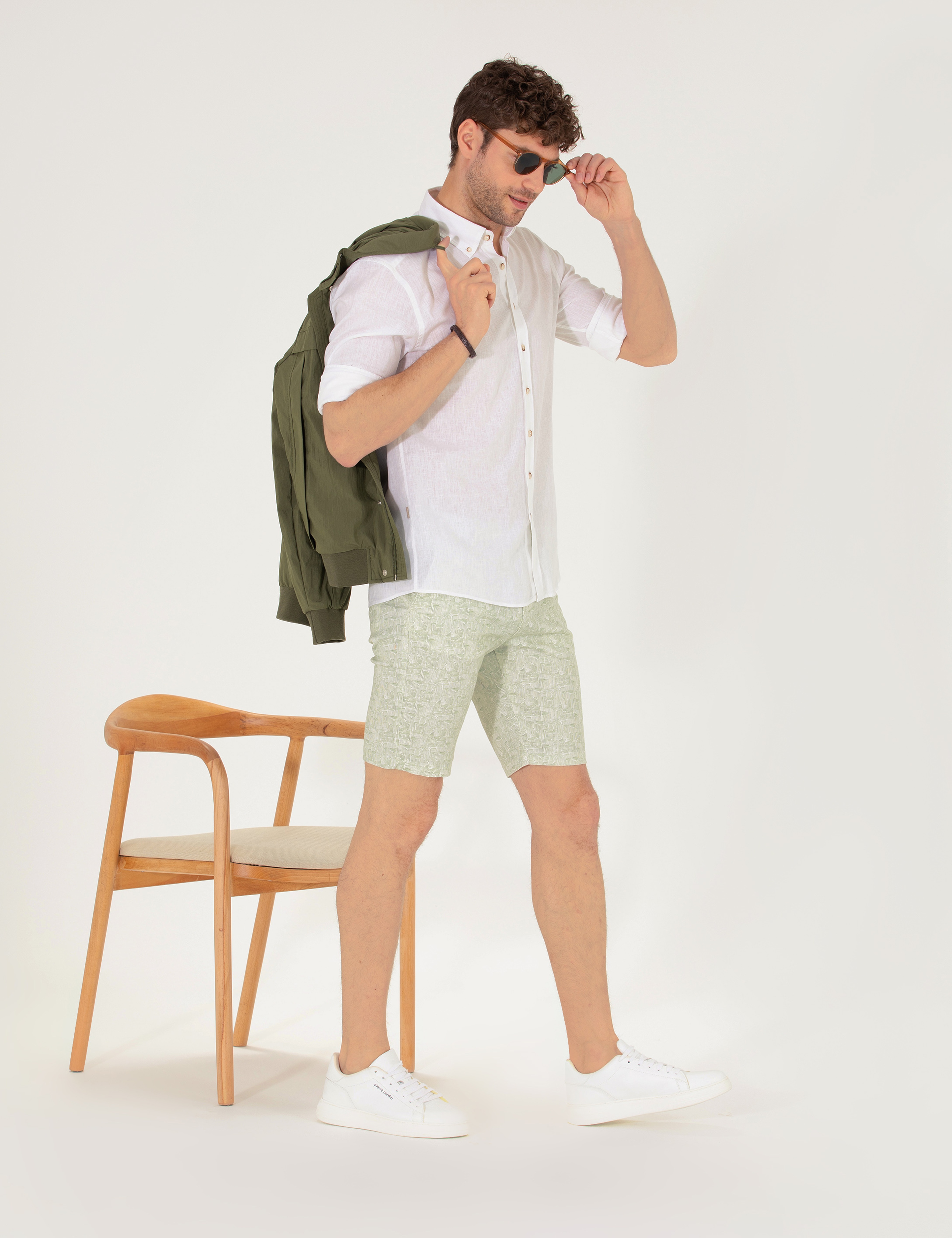 Haki Slim Fit Beli Lastikli Desenli Bermuda Şort - Image 3