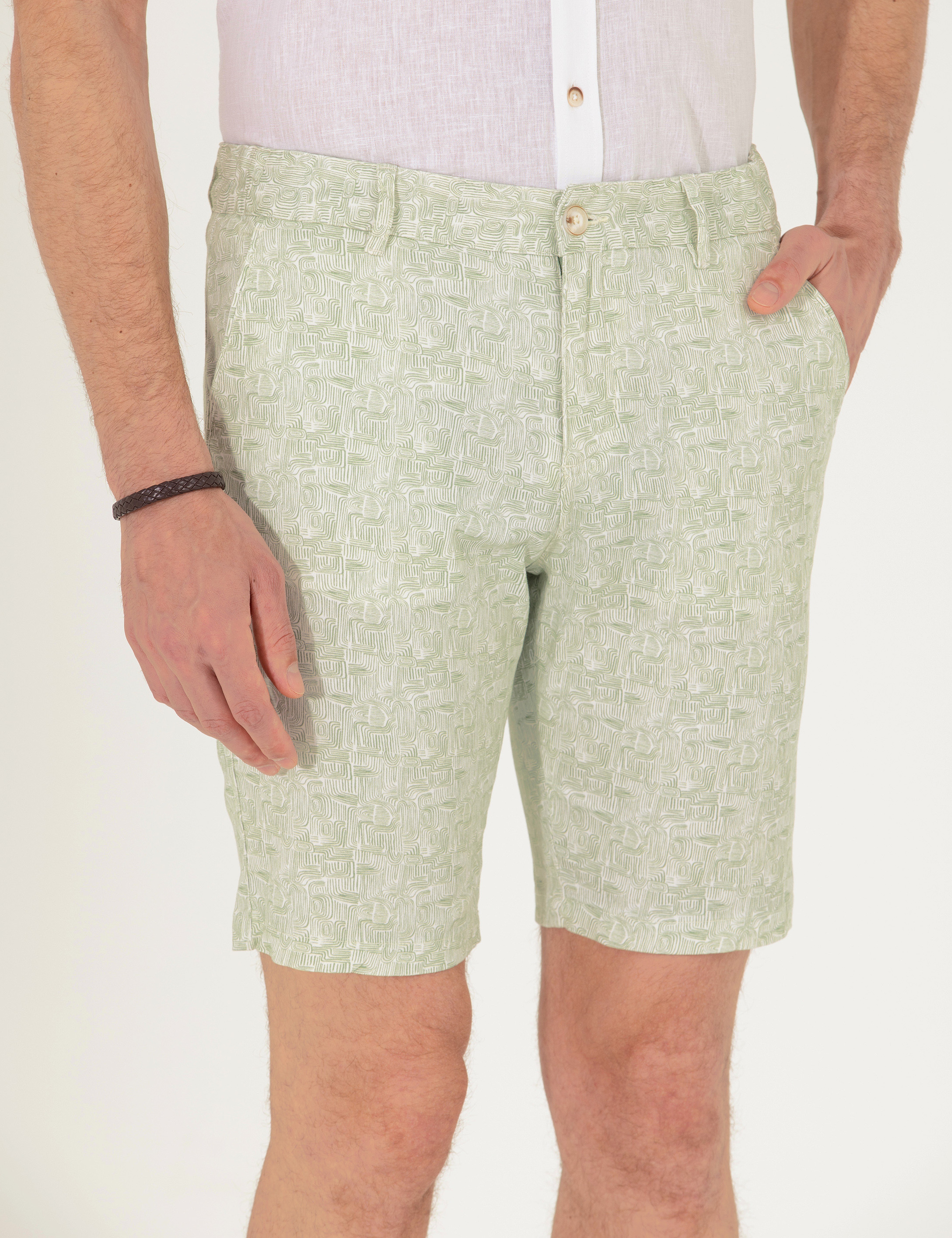 Haki Slim Fit Beli Lastikli Desenli Bermuda Şort - Image 6