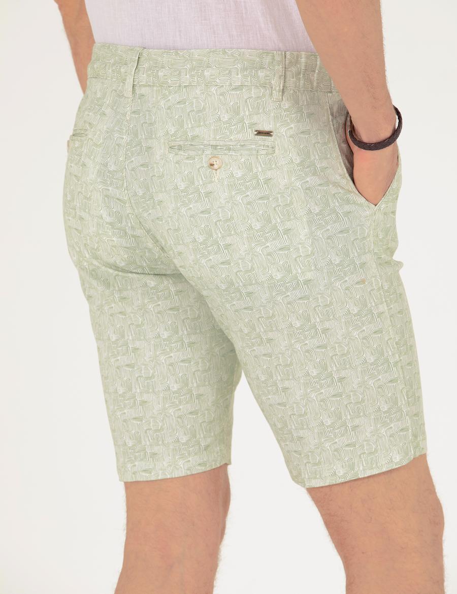 Haki Slim Fit Beli Lastikli Desenli Bermuda Şort