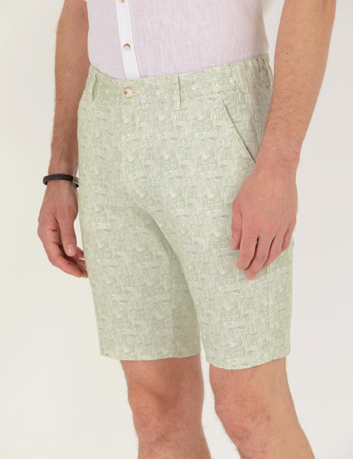 Haki Slim Fit Beli Lastikli Desenli Bermuda Şort - 50264882029