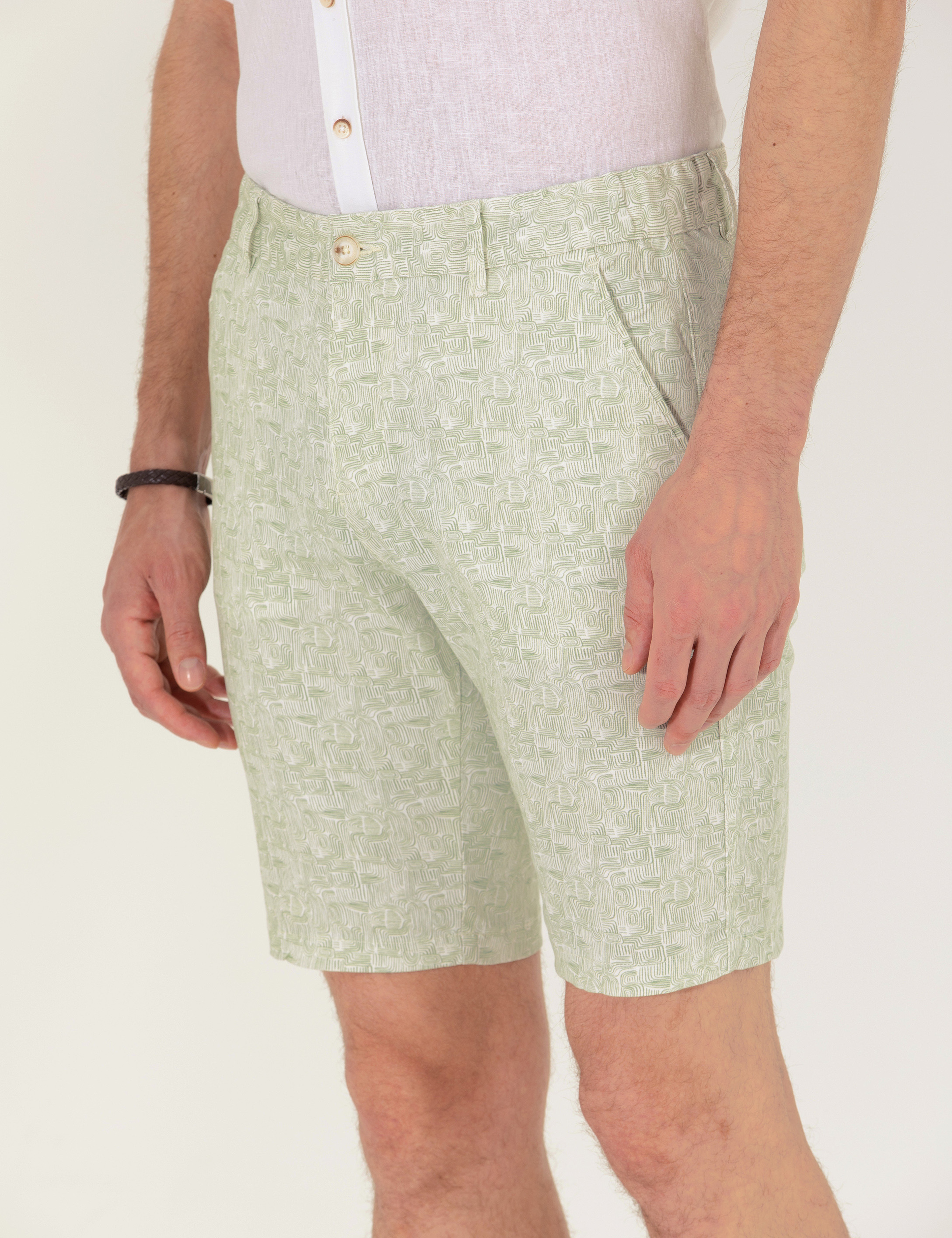 Haki Slim Fit Beli Lastikli Desenli Bermuda Şort - Image 5
