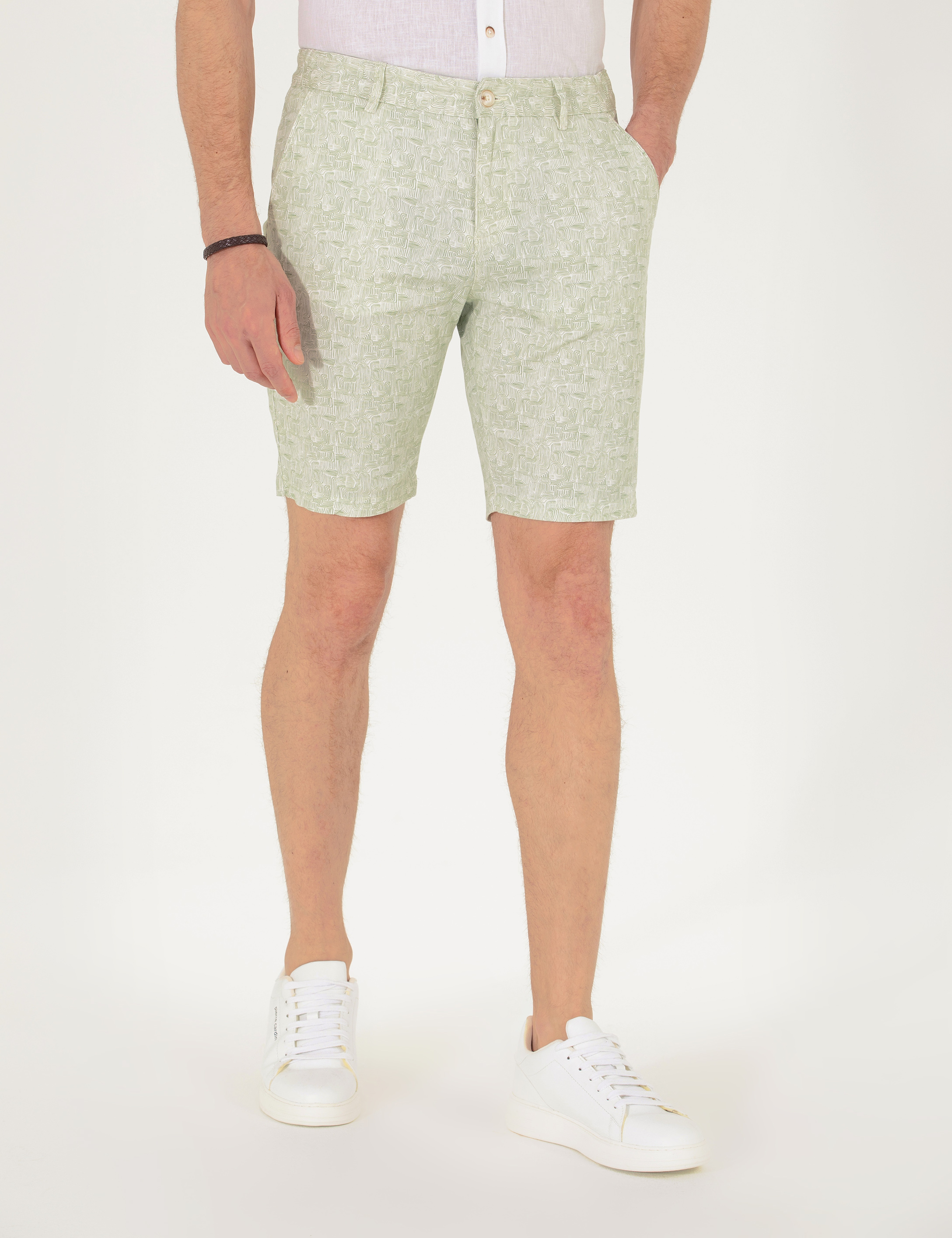 Haki Slim Fit Beli Lastikli Desenli Bermuda Şort