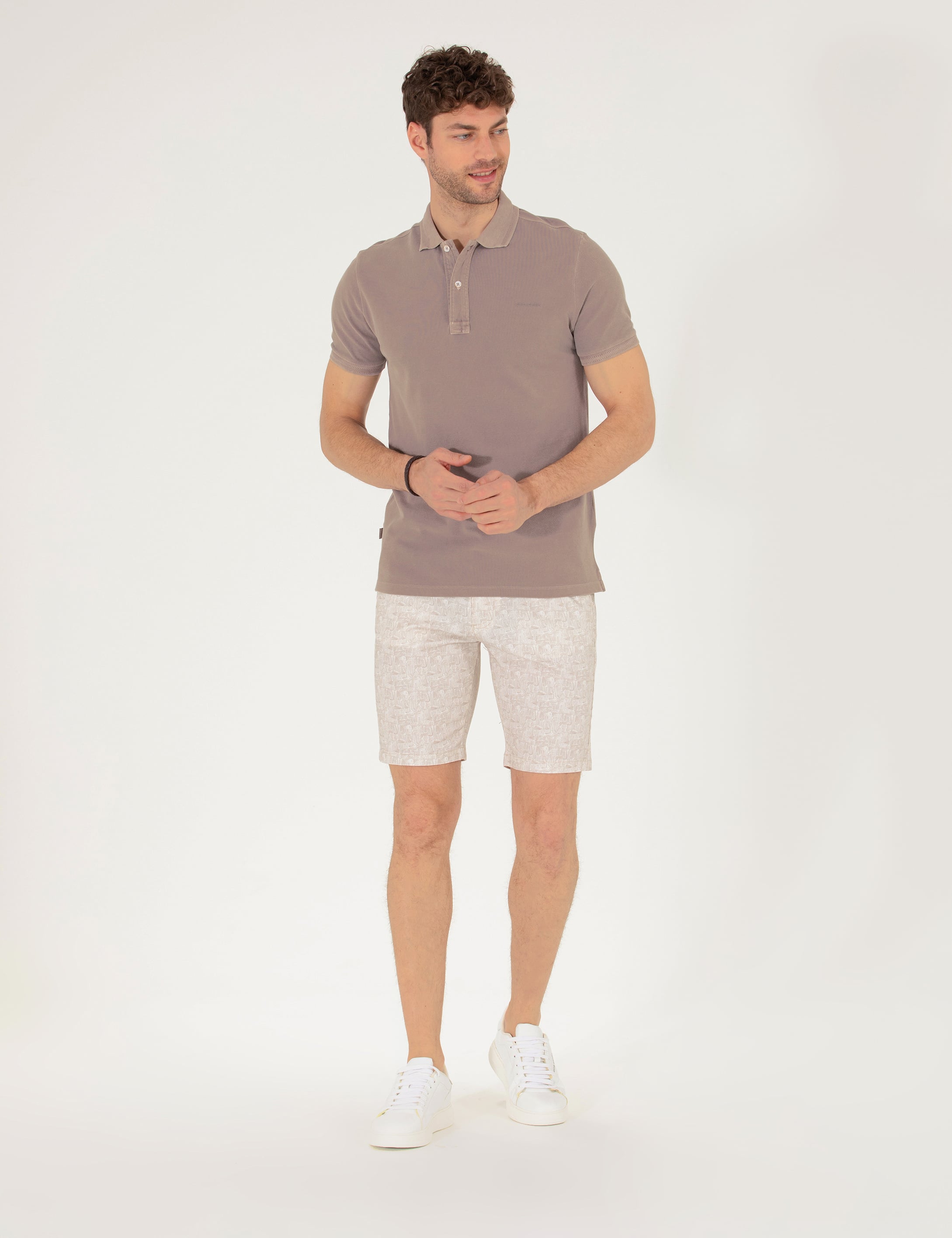 Bej Slim Fit Beli Lastikli Desenli Bermuda Şort