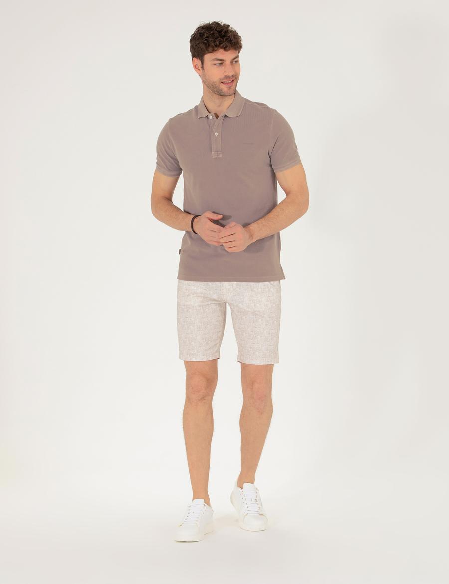 Bej Slim Fit Beli Lastikli Desenli Bermuda Şort