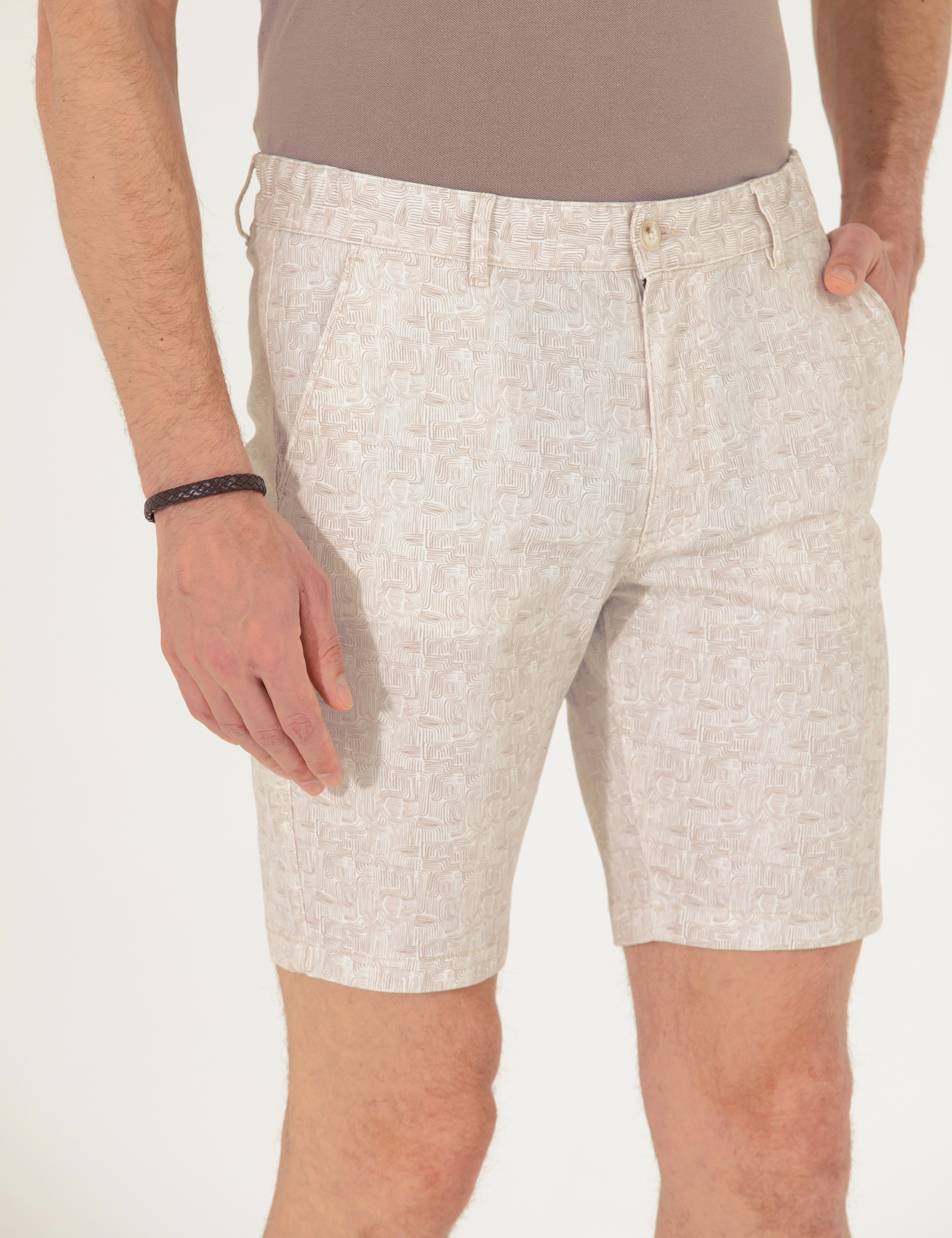 Pierre Cardin Bej Slim Fit Beli Lastikli Desenli Bermuda Şort görsel 6