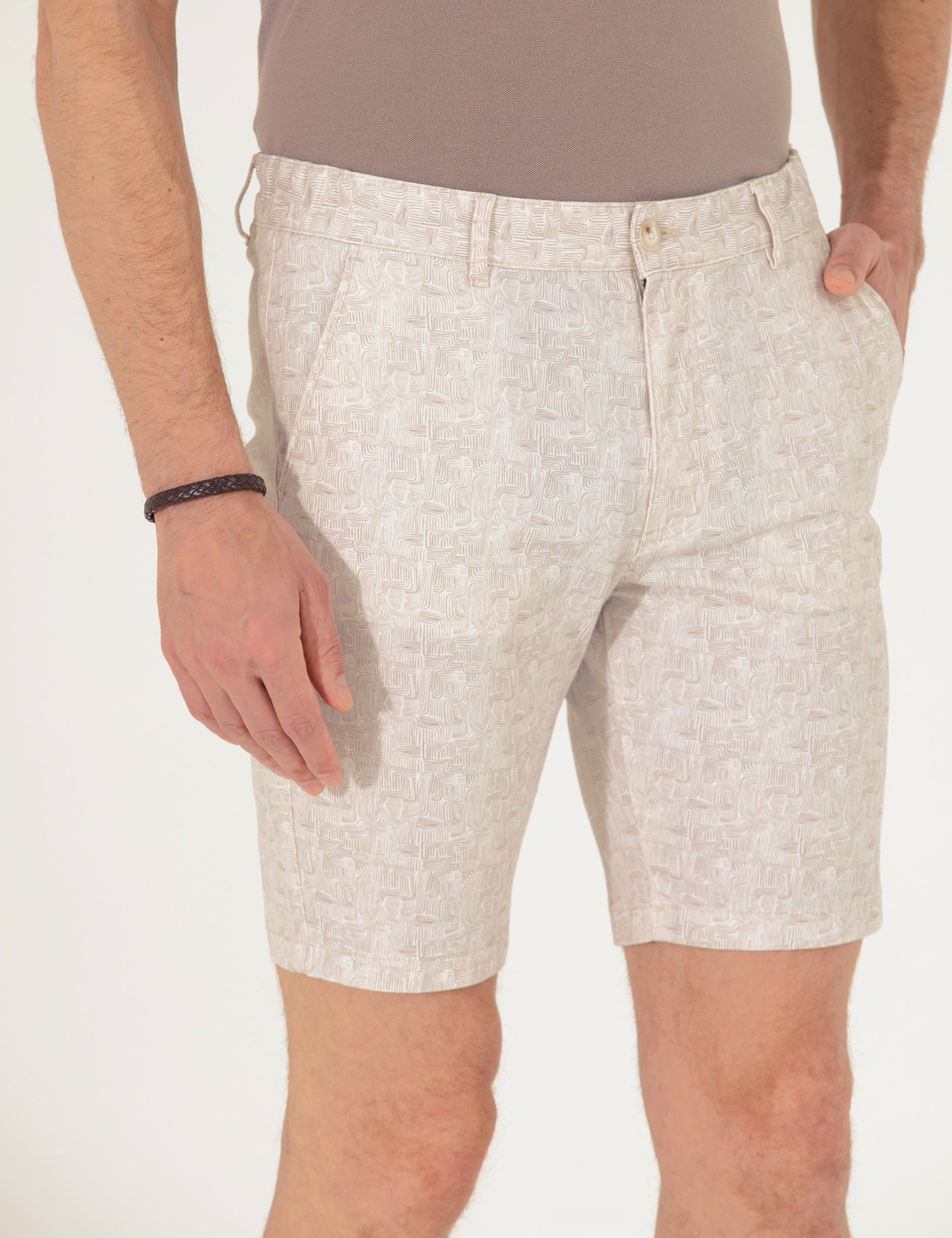 Bej Slim Fit Beli Lastikli Desenli Bermuda Şort