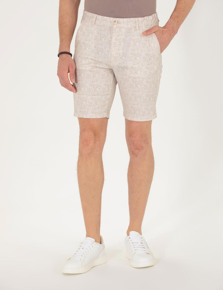 Bej Slim Fit Beli Lastikli Desenli Bermuda Şort
