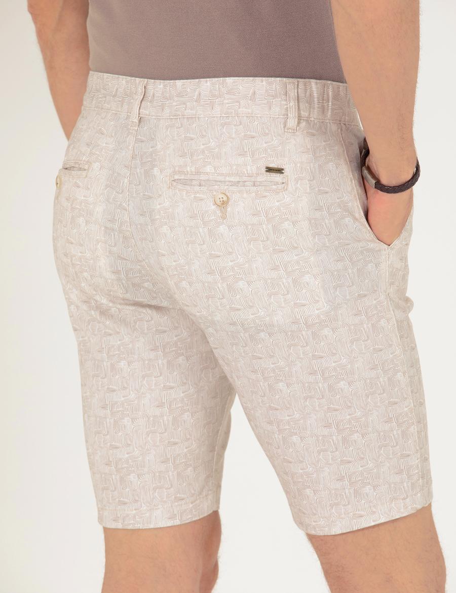 Bej Slim Fit Beli Lastikli Desenli Bermuda Şort
