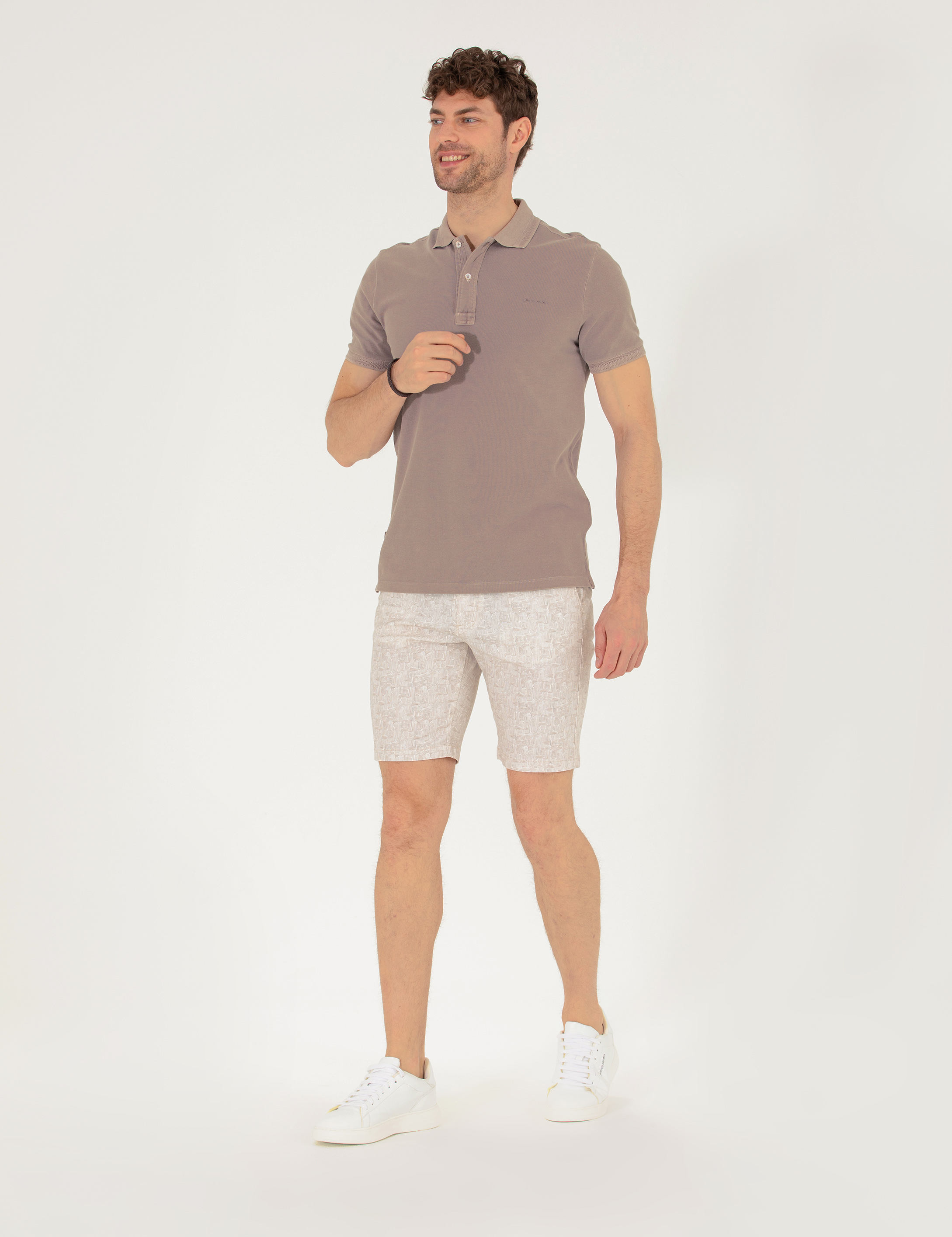 Pierre Cardin Bej Slim Fit Beli Lastikli Desenli Bermuda Şort görsel 3