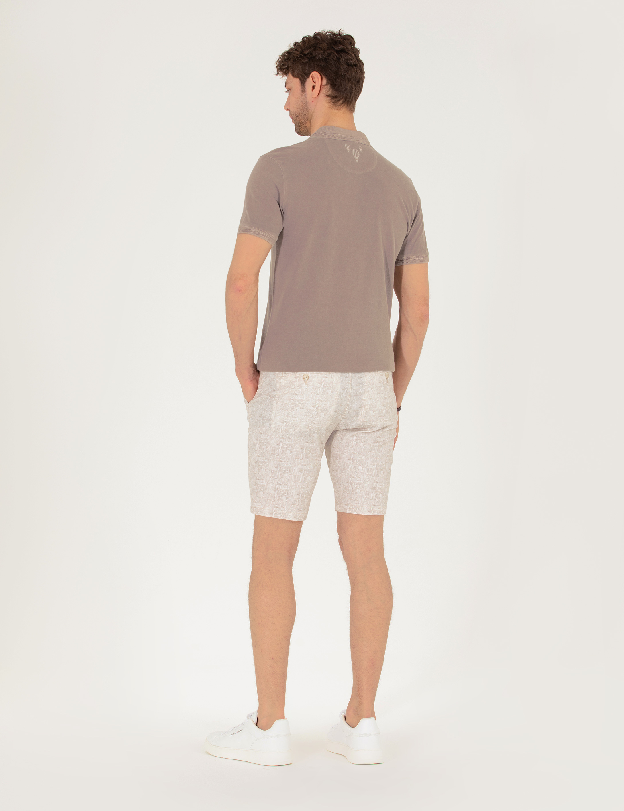 Pierre Cardin Bej Slim Fit Beli Lastikli Desenli Bermuda Şort görsel 4