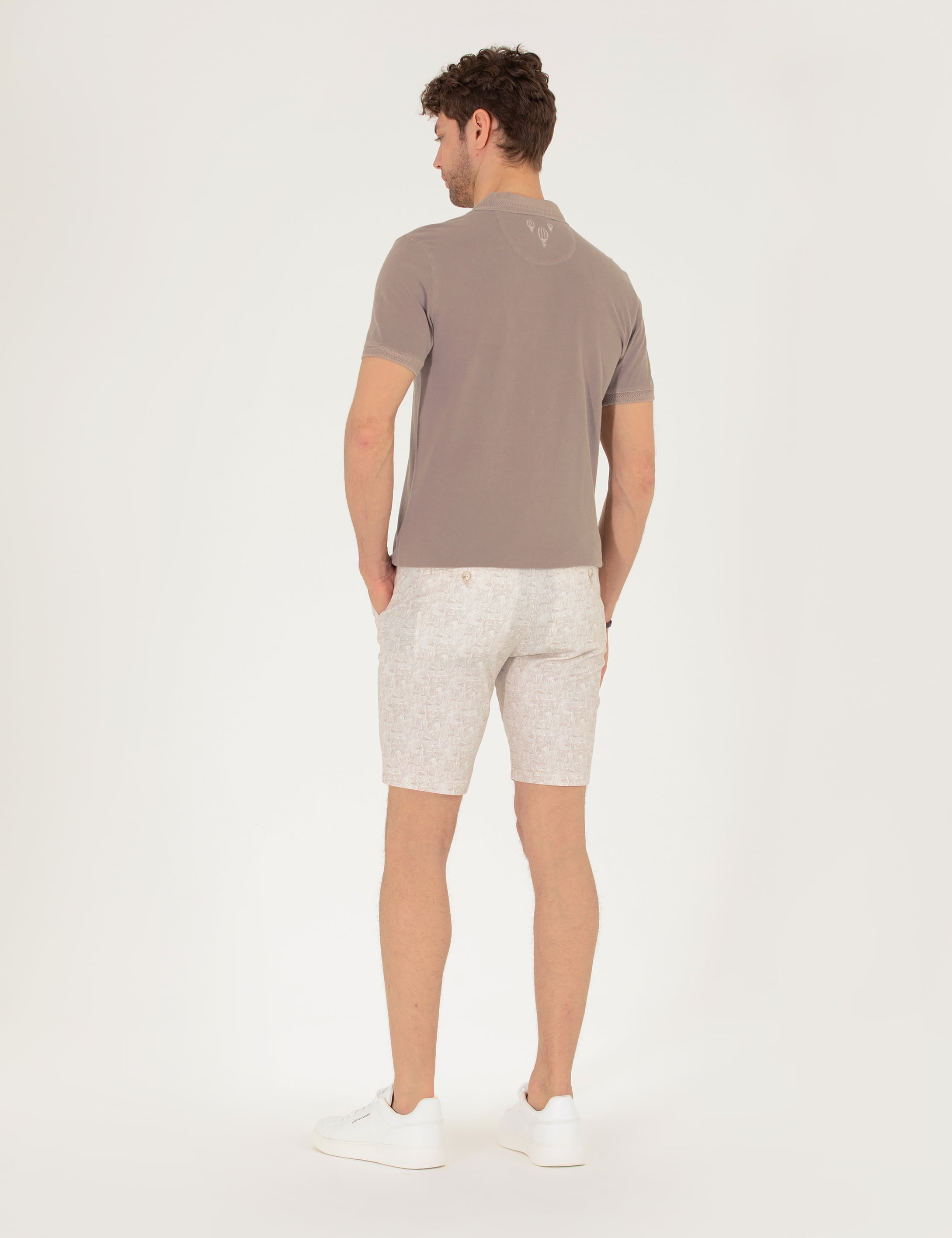 Bej Slim Fit Beli Lastikli Desenli Bermuda Şort