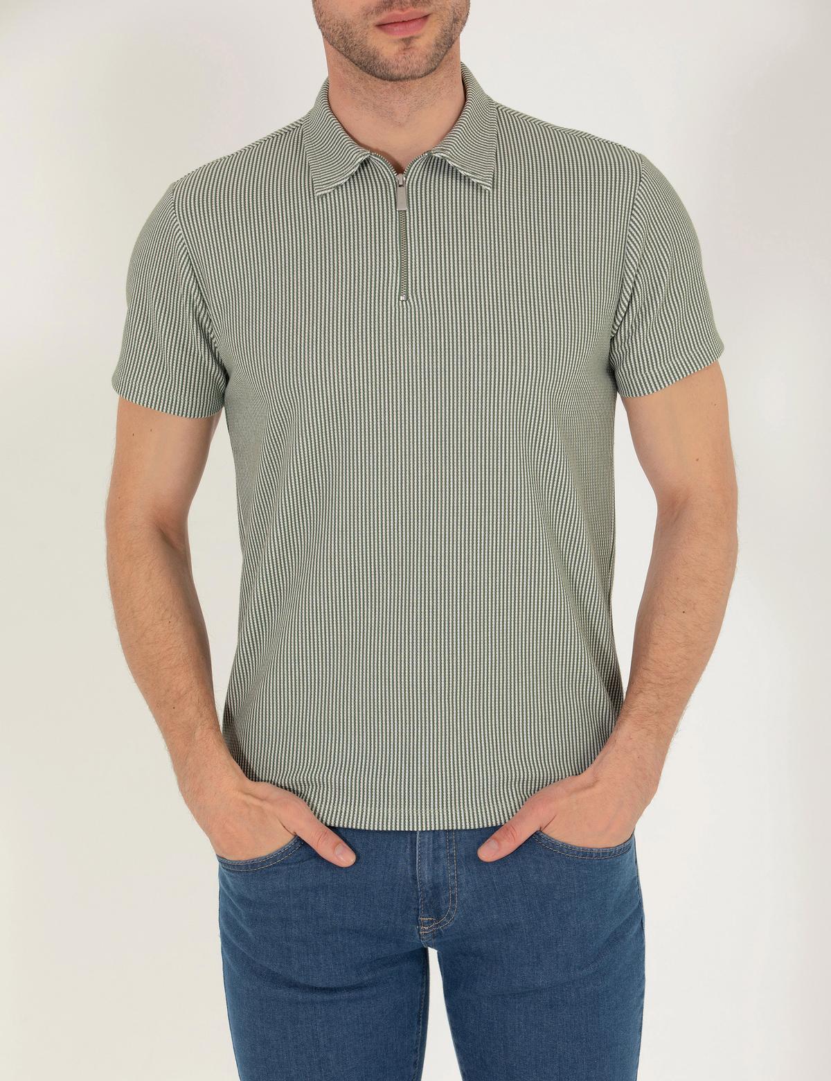 Haki Slim Fit Fermuarlı Polo Yaka Tişört - 50265988005