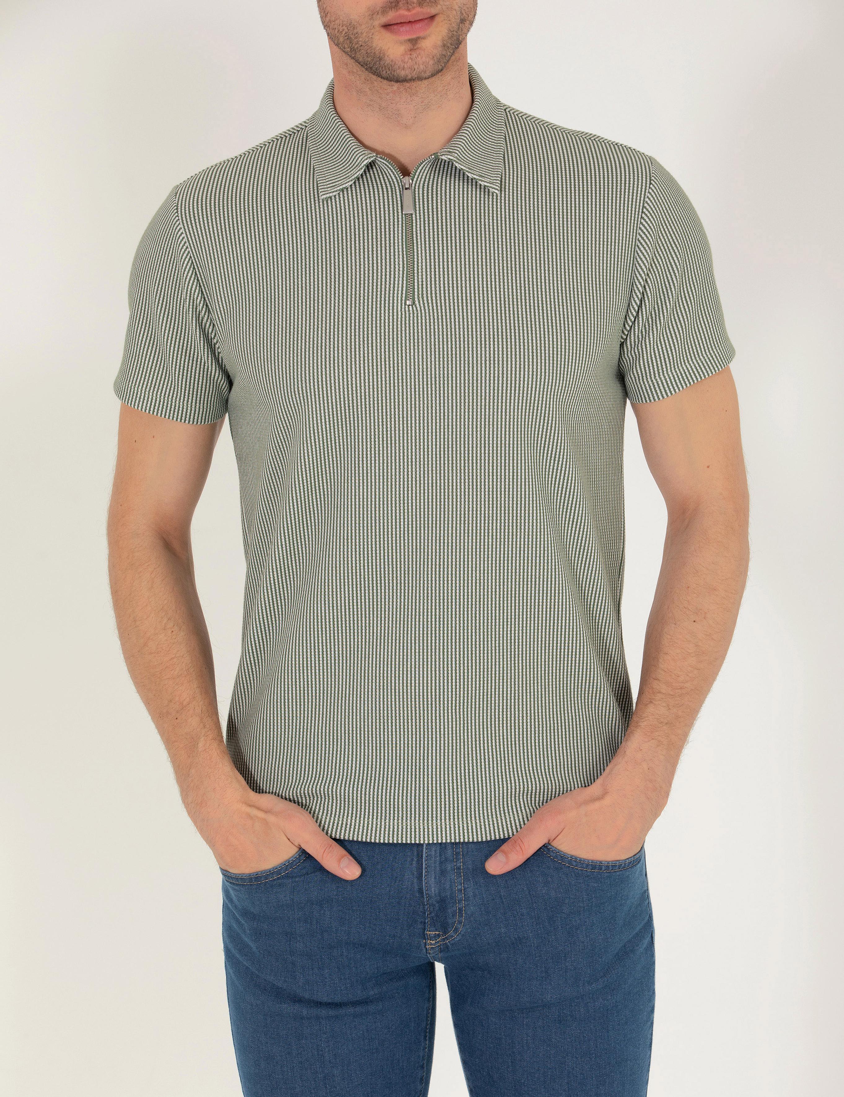 Haki Slim Fit Fermuarlı Polo Yaka Tişört