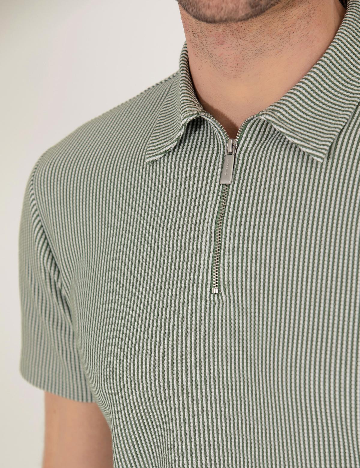 Haki Slim Fit Fermuarlı Polo Yaka Tişört - 50265988005