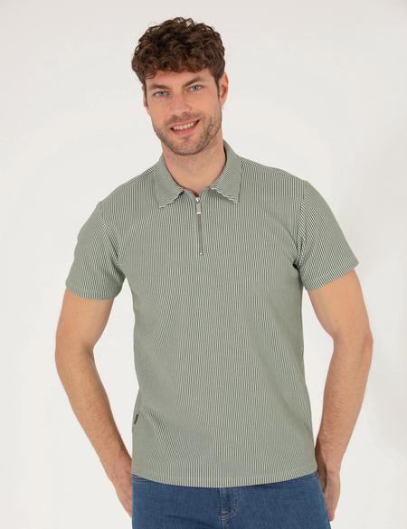Haki Slim Fit Fermuarlı Polo Yaka Tişört - 50265988005