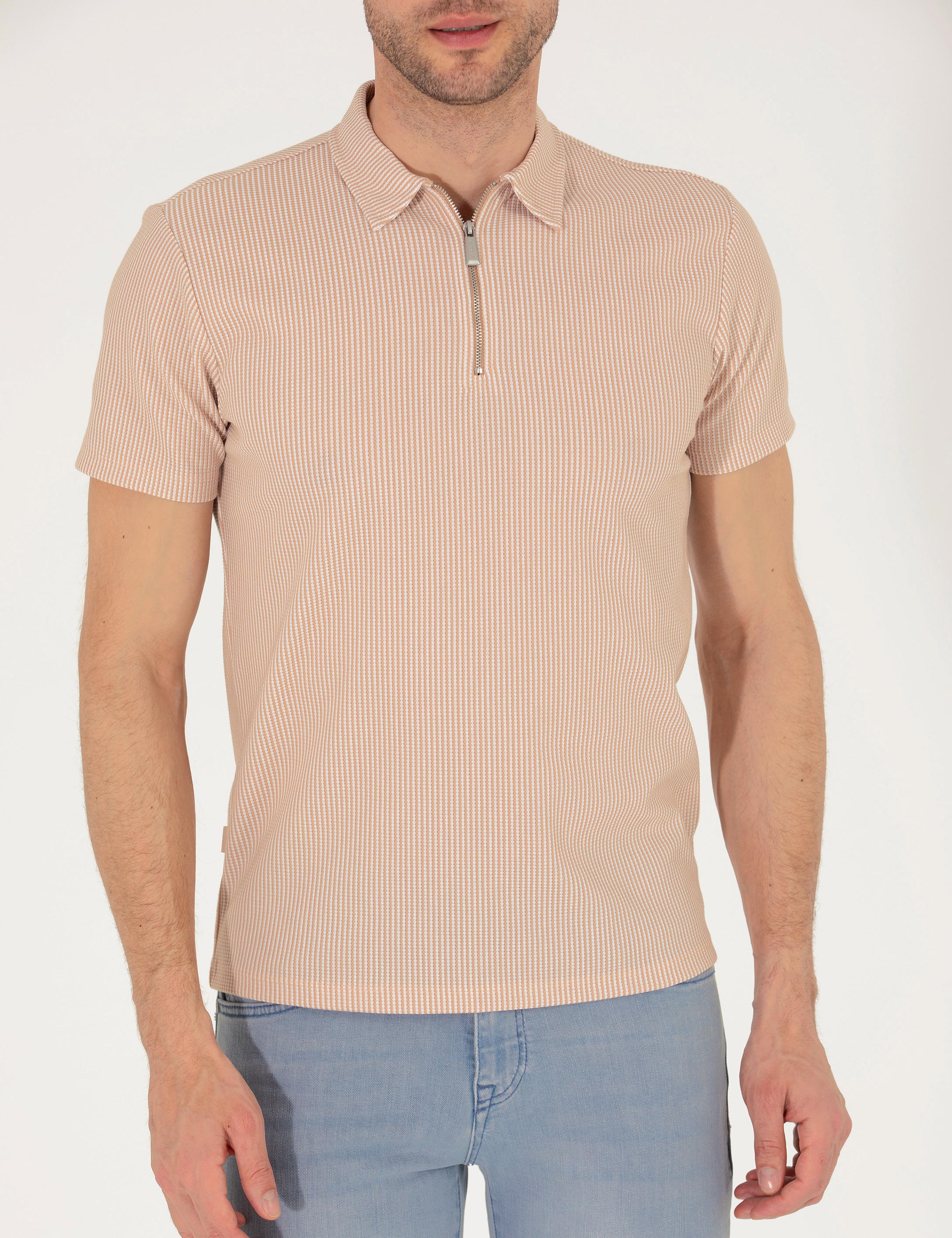 Bej Slim Fit Fermuarlı Polo Yaka Tişört