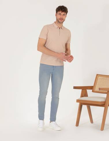Bej Slim Fit Fermuarlı Polo Yaka Tişört
