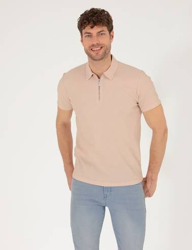 Bej Slim Fit Fermuarlı Polo Yaka Tişört