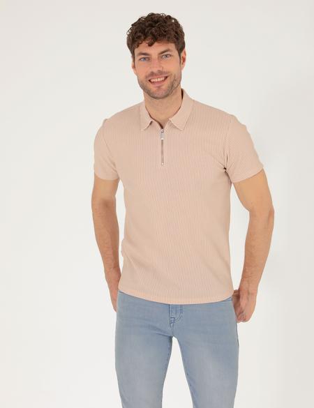 Bej Slim Fit Fermuarlı Polo Yaka Tişört - 50265988010