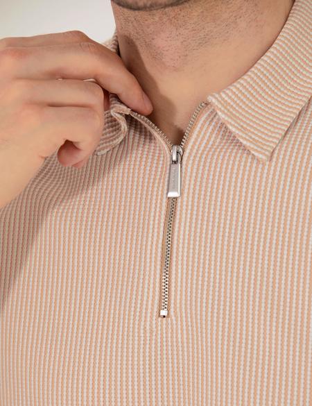 Bej Slim Fit Fermuarlı Polo Yaka Tişört - 50265988010