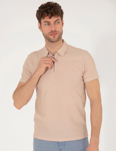 Bej Slim Fit Fermuarlı Polo Yaka Tişört - 50265988010