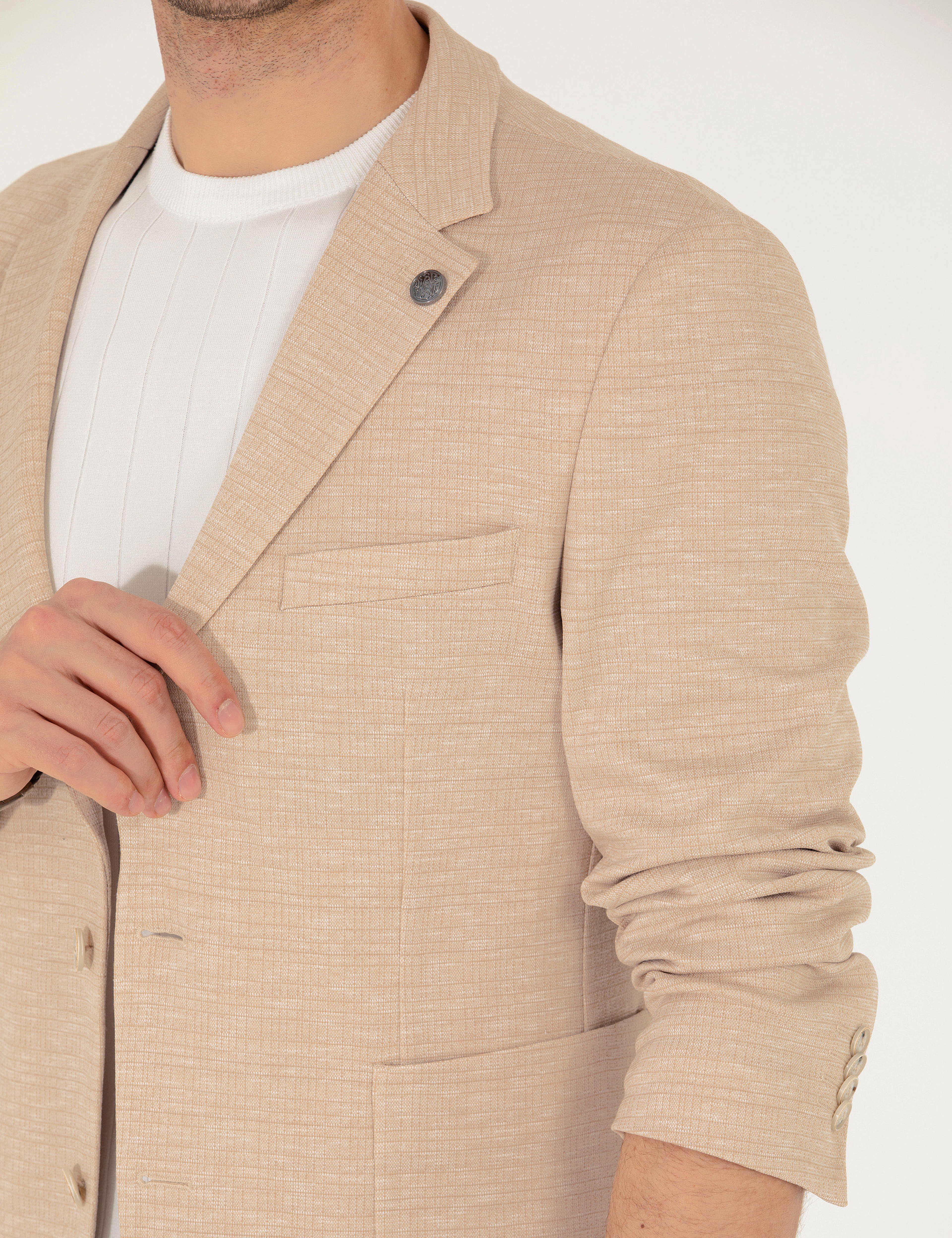 Bej Ekstra Slim Fit Blazer Ceket - Image 7