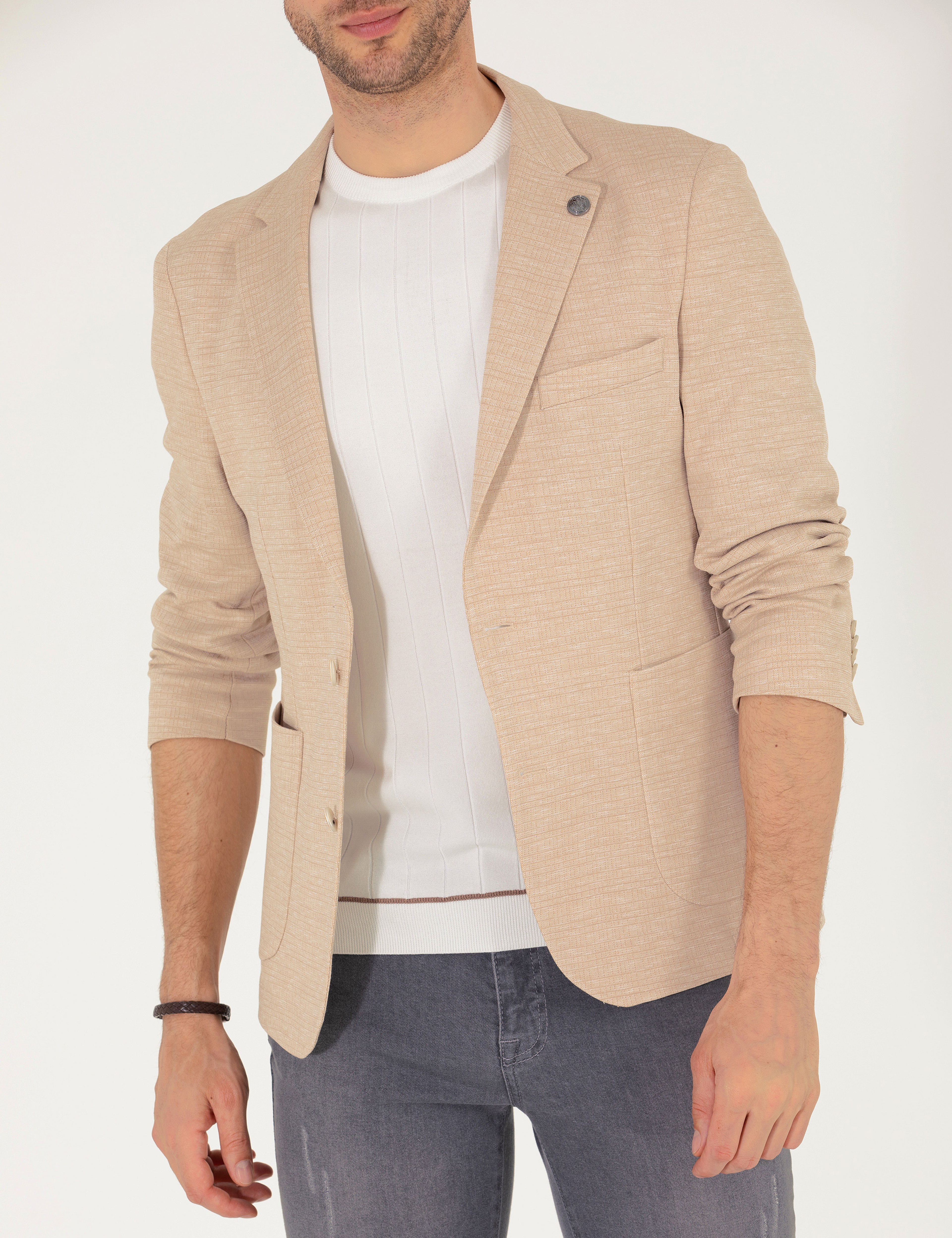 Bej Ekstra Slim Fit Blazer Ceket - Image 6