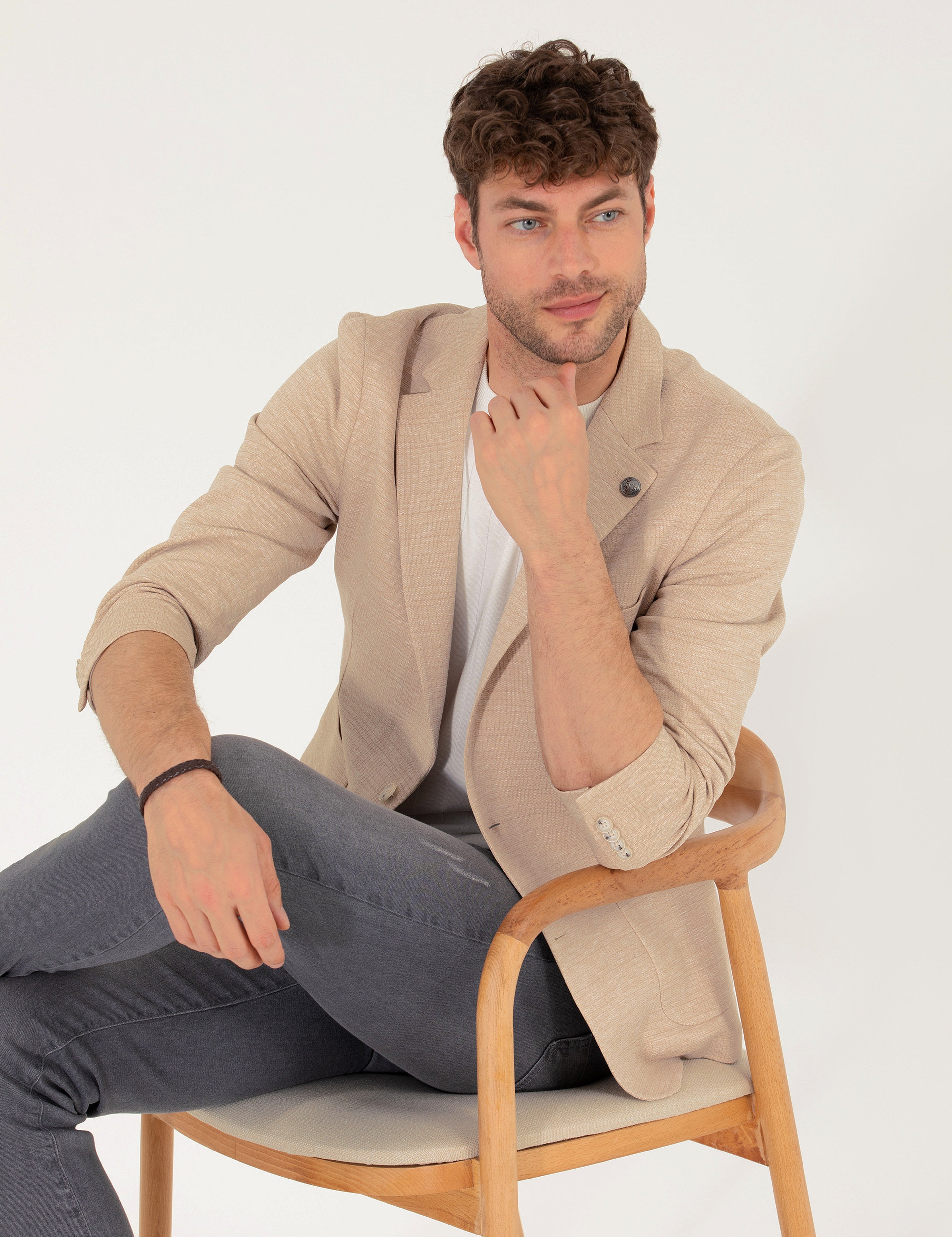 Bej Ekstra Slim Fit Blazer Ceket - Image 1