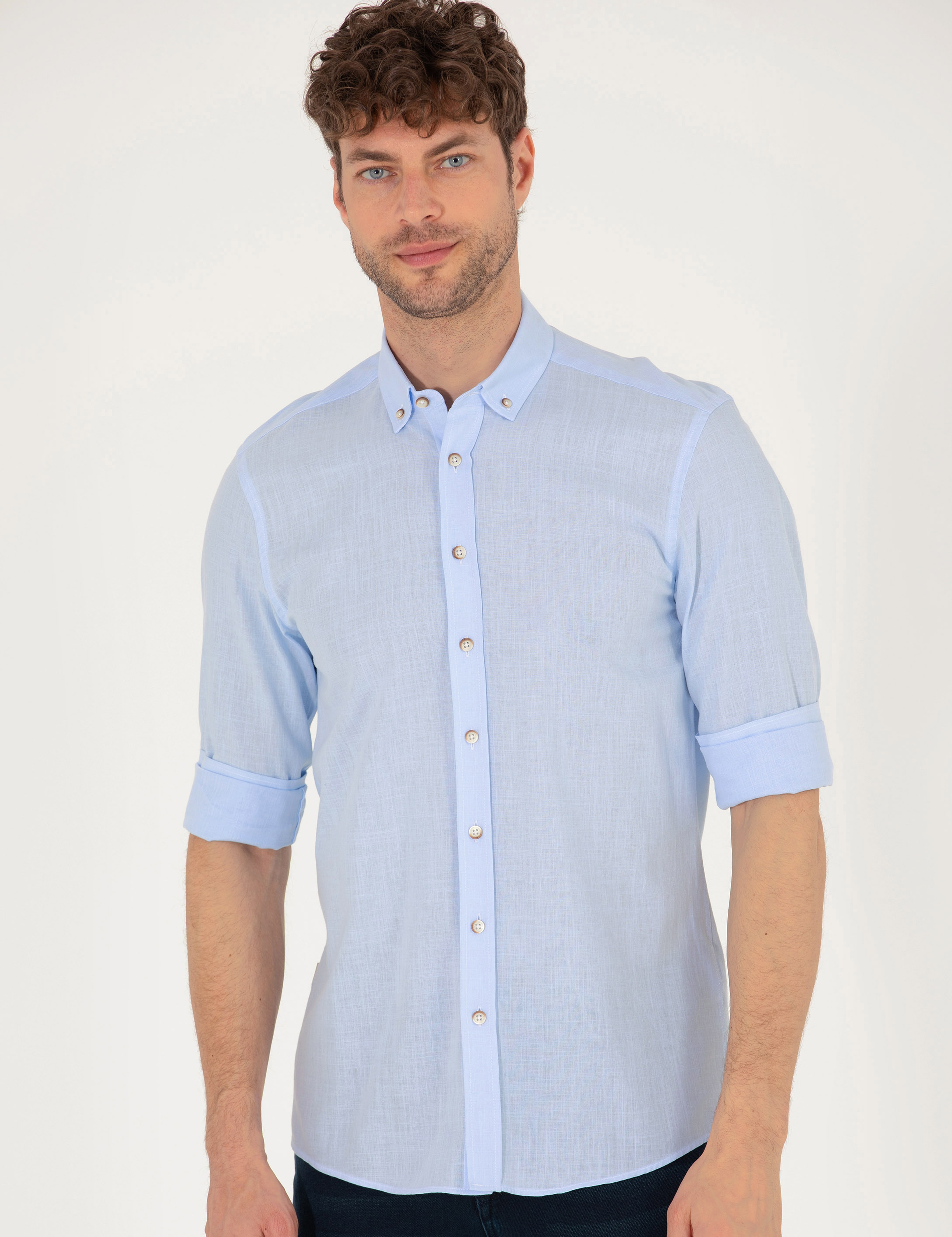 Açık Mavi Slim Fit Uzun Kollu Gömlek - Image 2
