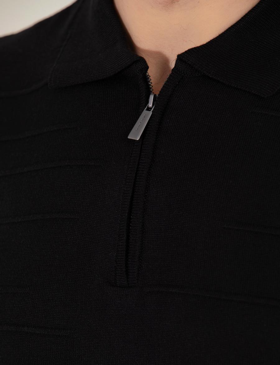 Siyah Slim Fit Fermuarlı Polo Yaka Triko Tişört