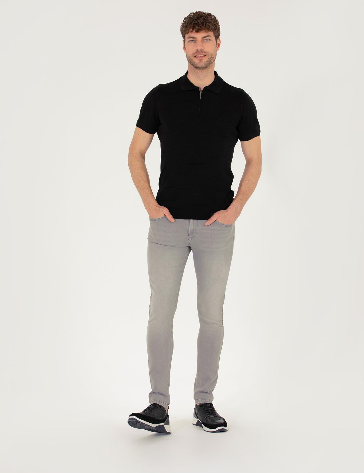 Siyah Slim Fit Fermuarlı Polo Yaka Triko Tişört - 50268293048