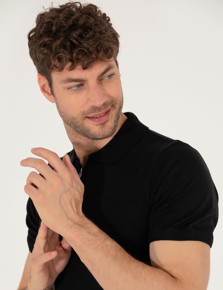 Siyah Slim Fit Fermuarlı Polo Yaka Triko Tişört - 50268293048