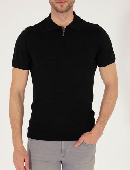 Siyah Slim Fit Fermuarlı Polo Yaka Triko Tişört - 50268293048