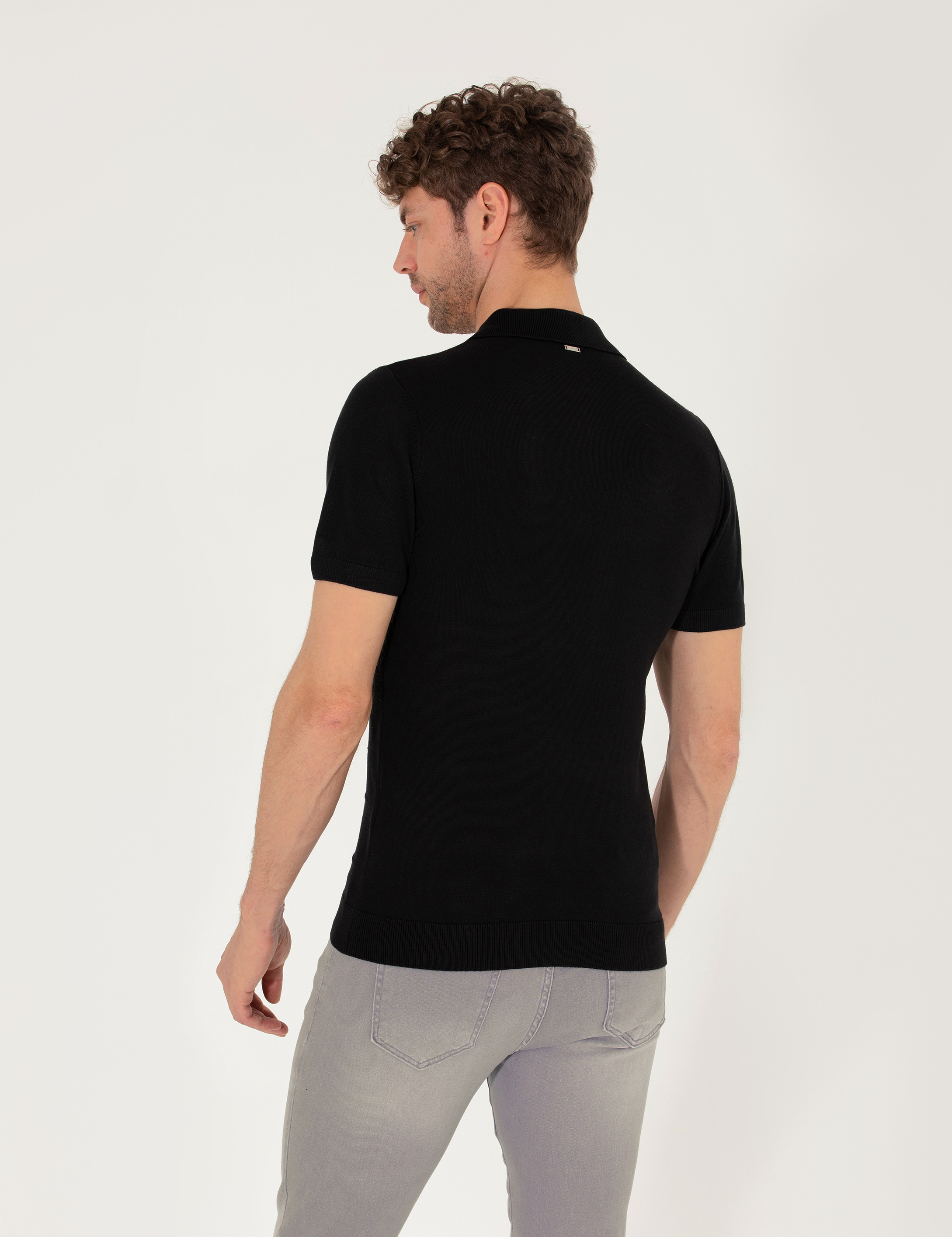 Siyah Slim Fit Fermuarlı Polo Yaka Triko Tişört - Image 5
