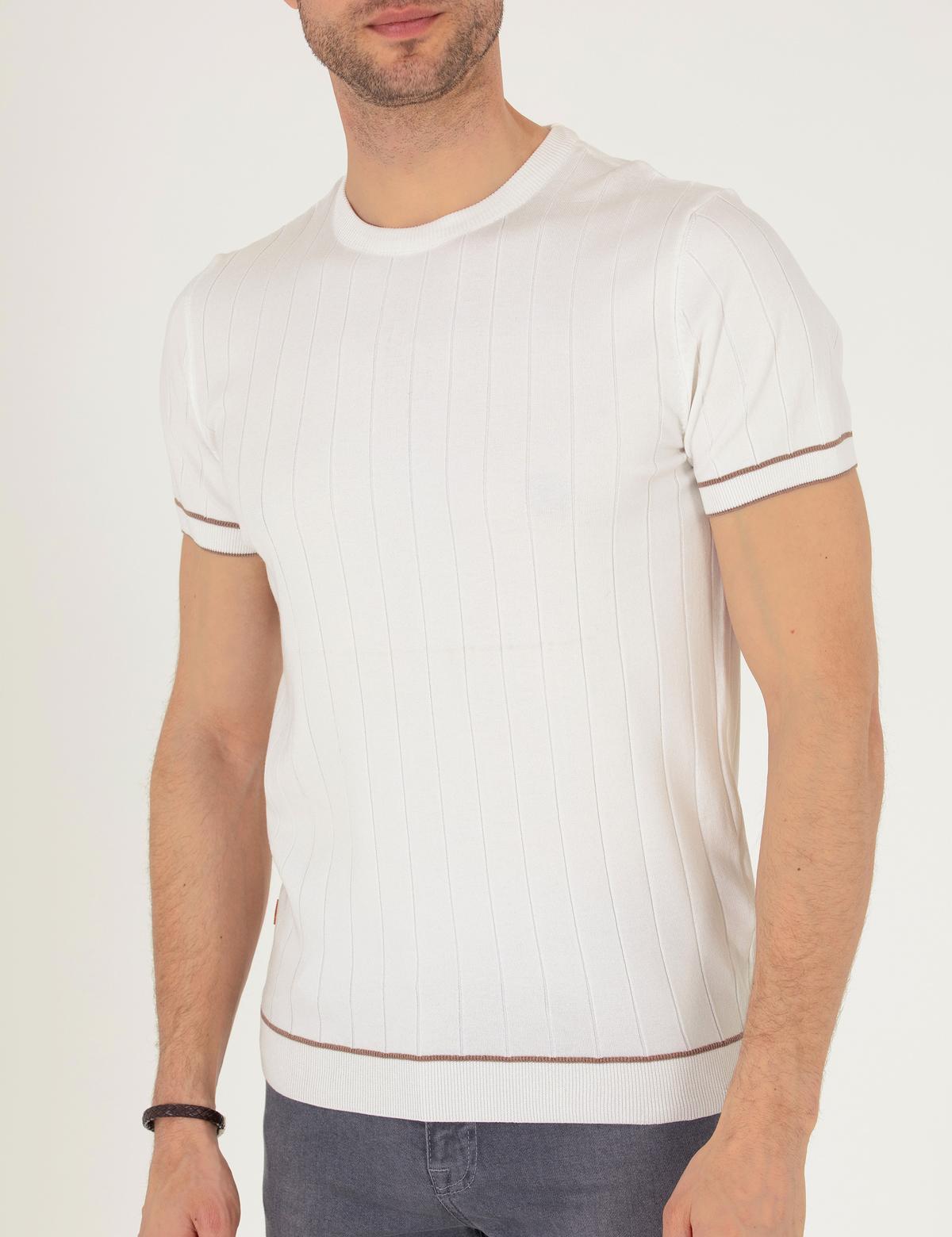 Ekru Slim Fit Bisiklet Yaka Triko Tişört - 50268875018