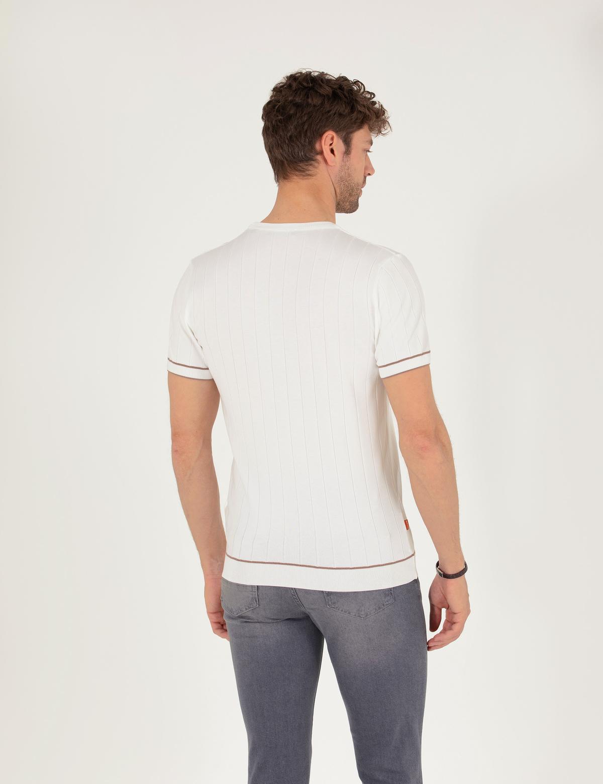 Ekru Slim Fit Bisiklet Yaka Triko Tişört - 50268875018