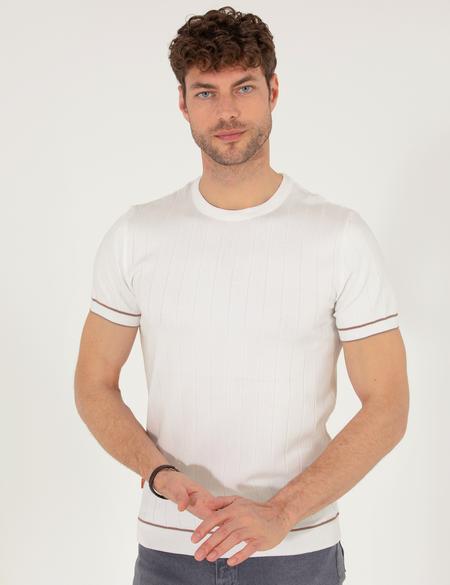 Ekru Slim Fit Bisiklet Yaka Triko Tişört - 50268875018