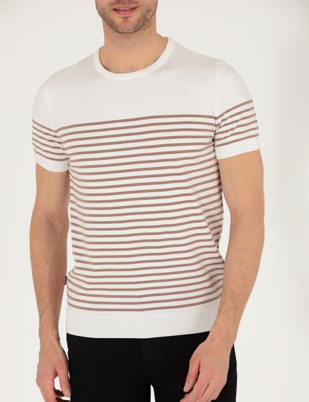 Ekru Slim Fit Bisiklet Yaka Triko Tişört - 50268896036