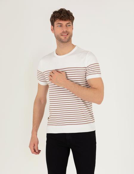 Ekru Slim Fit Bisiklet Yaka Triko Tişört - 50268896036