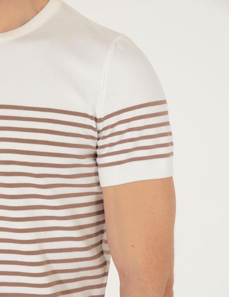 Ekru Slim Fit Bisiklet Yaka Triko Tişört - 50268896036