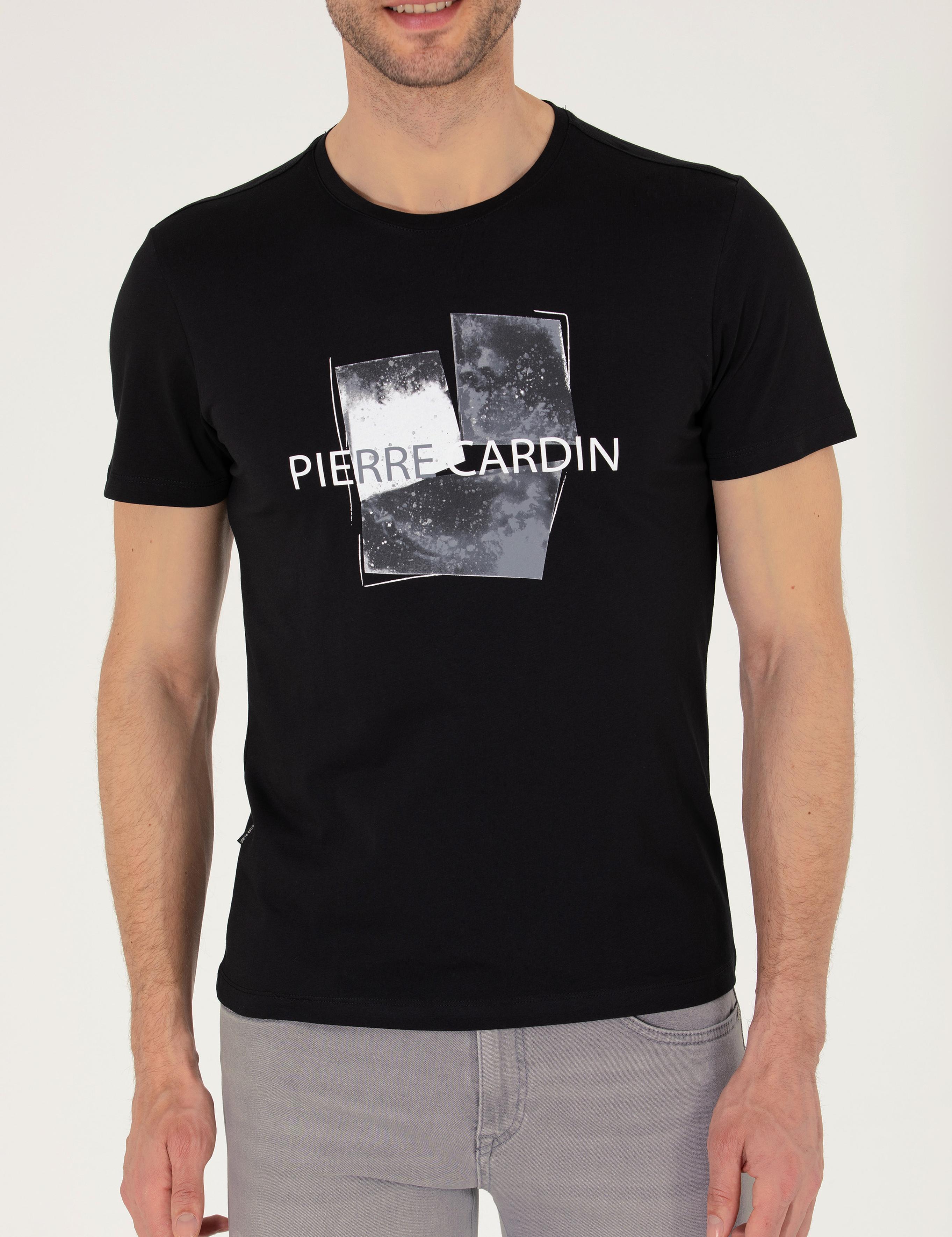 Siyah Slim Fit Baskılı Bisiklet Yaka Tişört